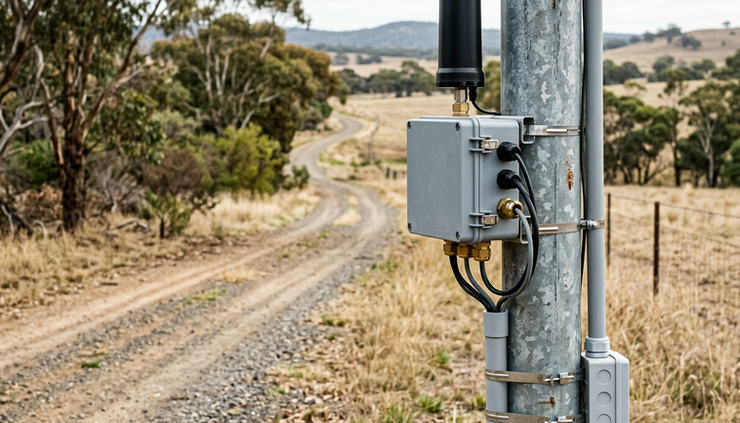 Close-up view of a weatherproof gateway enclosure mounted on a galvanised pole.
