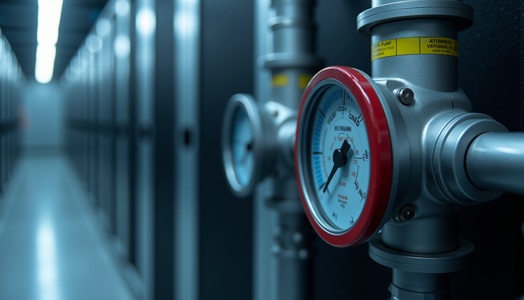 Close-up view of pressure and flow sensors installed on liquid cooling pipes in a data center