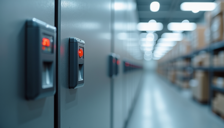 Eye-level view of a refrigerated warehouse aisle with temperature sensors installed on shelves