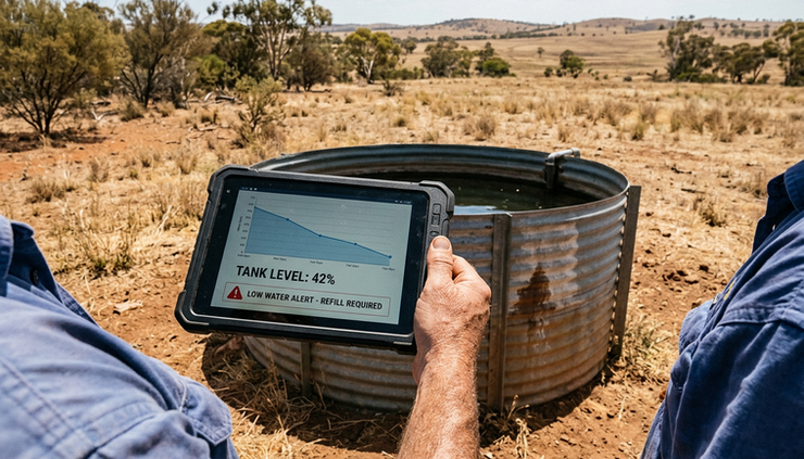 High-angle view of a tablet displaying tank level trend lines beside a remote water tank.