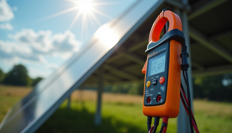 Eye-level view of a DC clamp meter measuring current on a solar panel cable