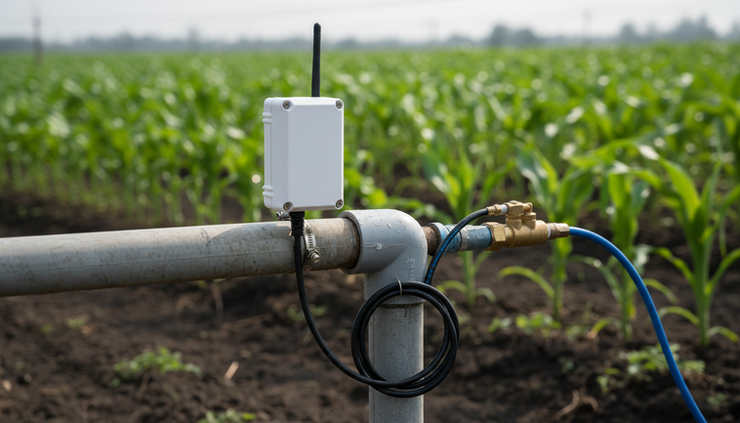Close-up view of a compact LoRaWAN sensor mounted beside an irrigation pipe
