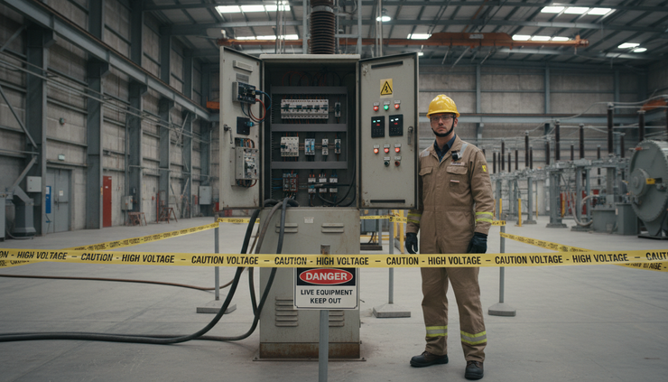 Eye-level view of a technician standing outside a marked electrical test boundary