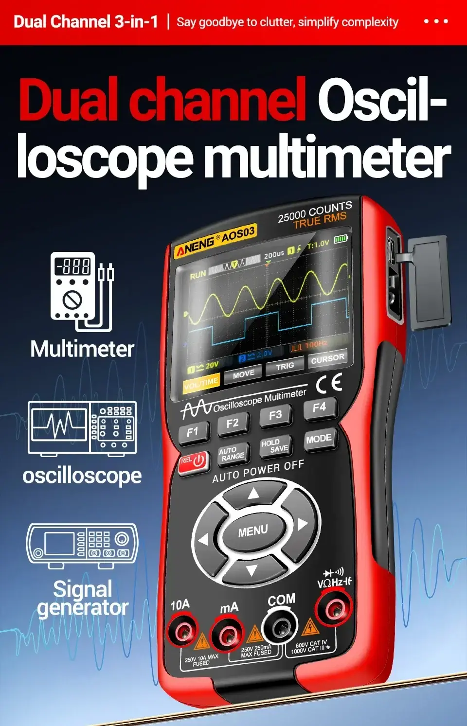 Thumbnail: 3-in-1 Portable Digital Oscilloscope, Multimeter & Signal Generator(Dual)