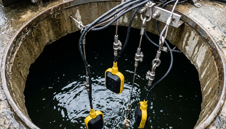 Close-up view of float switches suspended inside a water tank access hatch.