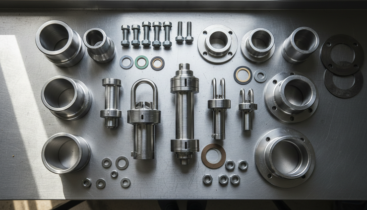 Top-down view of different industrial flow meter types laid beside pipe reducers and flanges