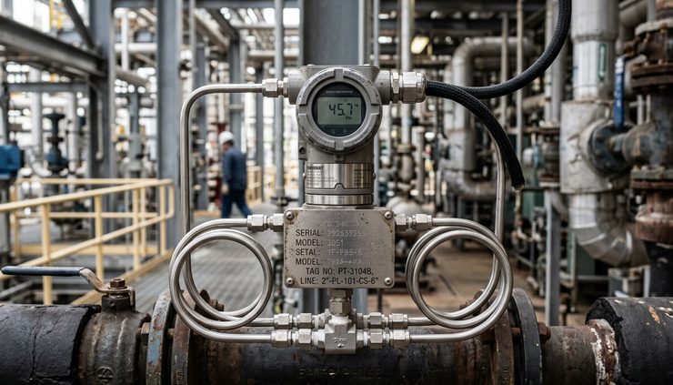 Close-up view of a pressure transmitter connected to process piping