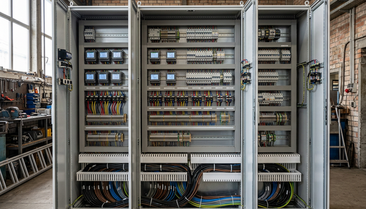 Wide-angle view of a switchboard fitted with digital electrical meters.