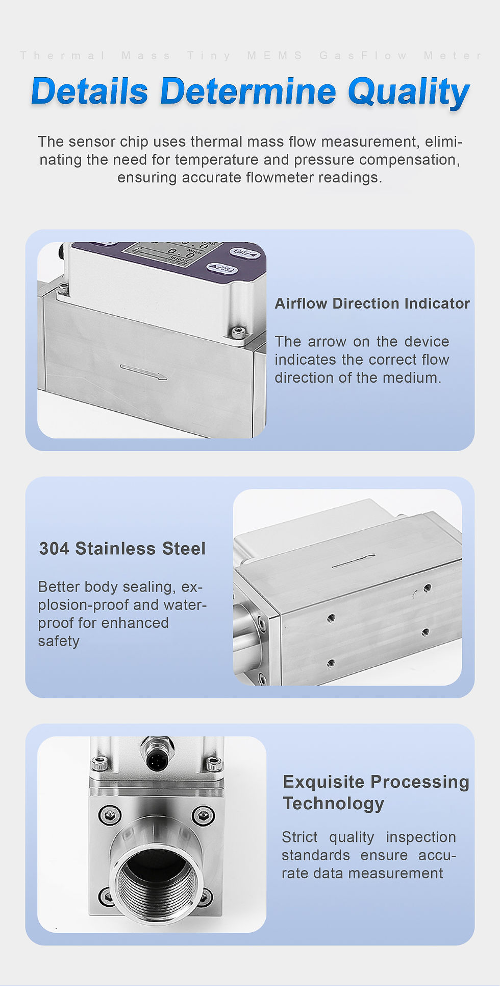 Thumbnail: MEMS Thermal Mass Gas Flow Meter – 4–20 mA / RS485, Stainless Steel