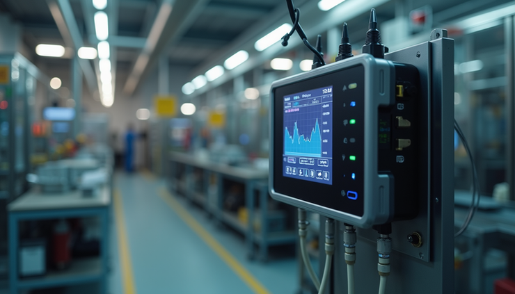 Eye-level view of a cellular data logger device connected to industrial sensors