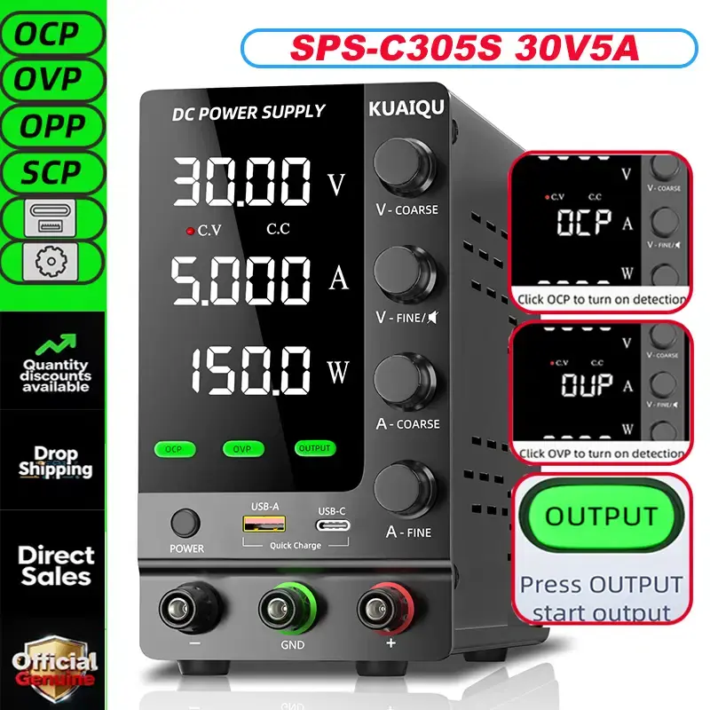 Thumbnail: Precision DC Bench Power Supply – 0–30V 0–3A with OVP/OCP Alarms & USB Fast Char