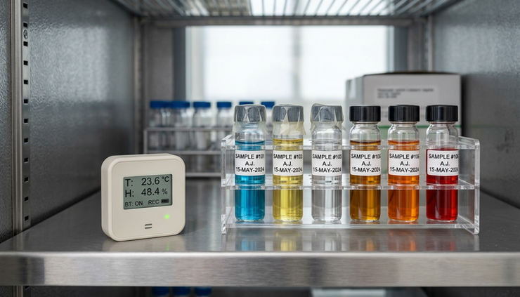 Close-up view of a portable environmental logger beside labelled laboratory storage samples