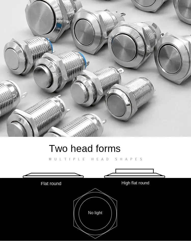 Thumbnail: Metal Panel Mount Push Button Switch – Flat Head On/Off Control (Multiple Sizes)