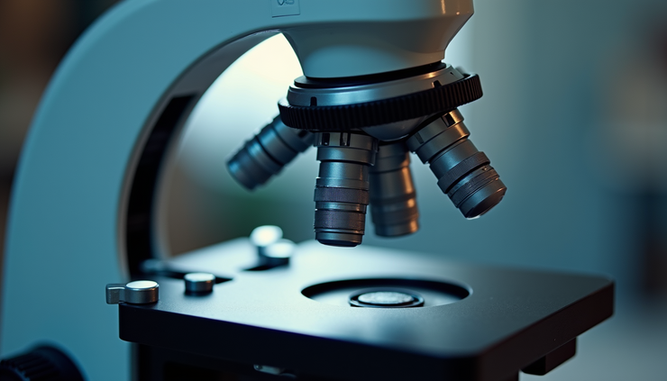 Eye-level view of a microscope equipped with an adjustable ring light, showing the light ring encircling the objective lens