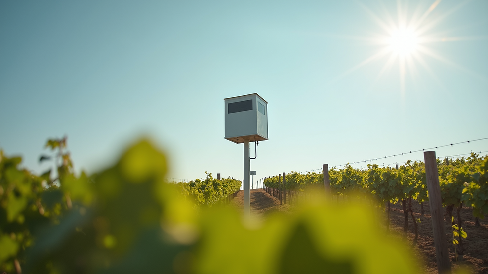 Eye-level view of a weather station in a vineyard