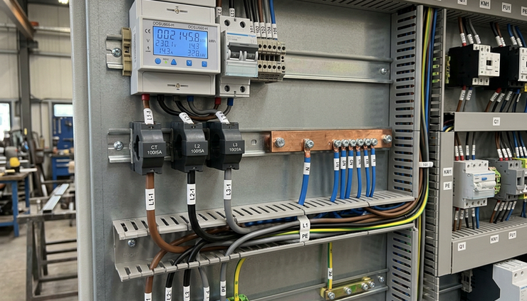 Wide-angle view of a digital energy meter installed inside a low-voltage switchboard.
