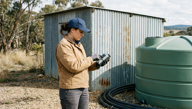 Eye-level view of a technician testing a LoRaWAN sensor near a steel shed and water tank.