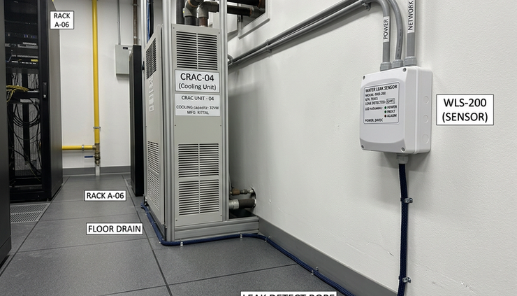 Eye-level view of labelled leak monitoring equipment beside a server room cooling unit