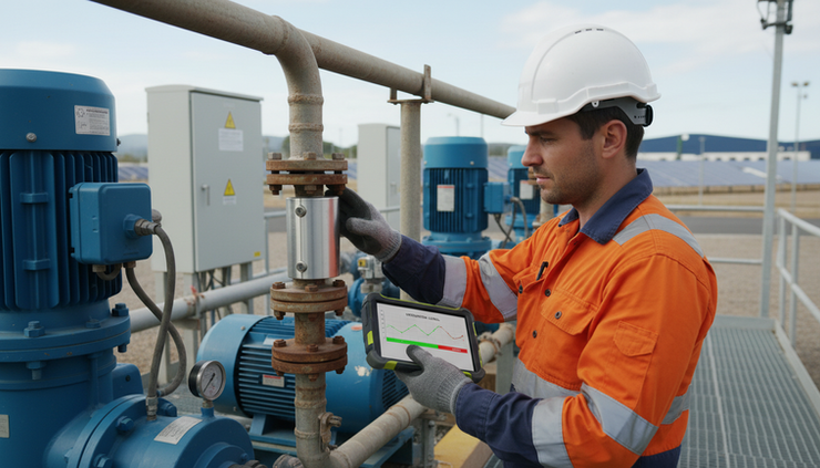 Eye-level view of a technician checking sensor equipment near industrial piping.