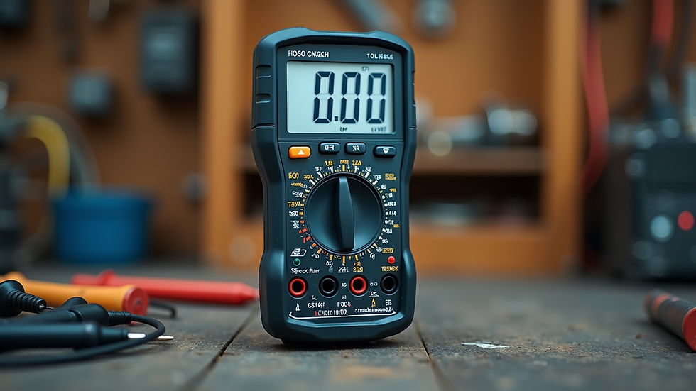 Close-up view of a digital multimeter on a workbench
