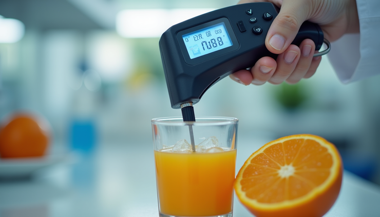 Close-up view of a digital Brix refractometer measuring sugar concentration in fresh orange juice