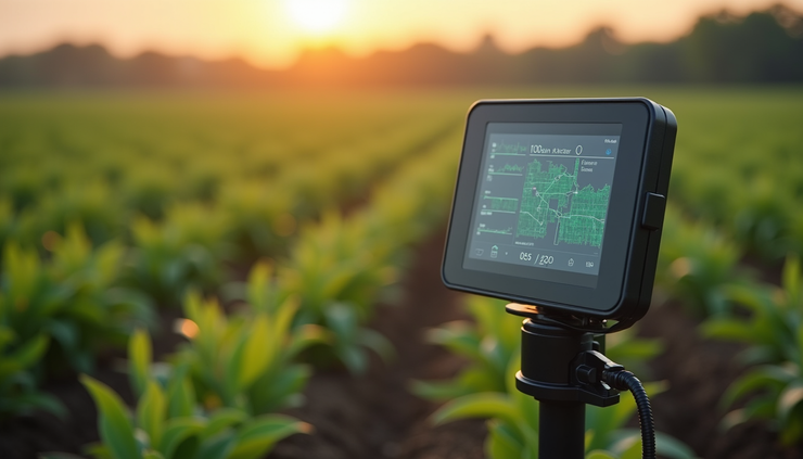Eye-level view of an 8-node soil sensor system installed in a field with visible soil probes and a touchscreen display mounted on a wall