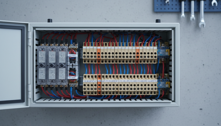 Eye-level view of a control panel with terminal blocks and neatly labelled output wiring