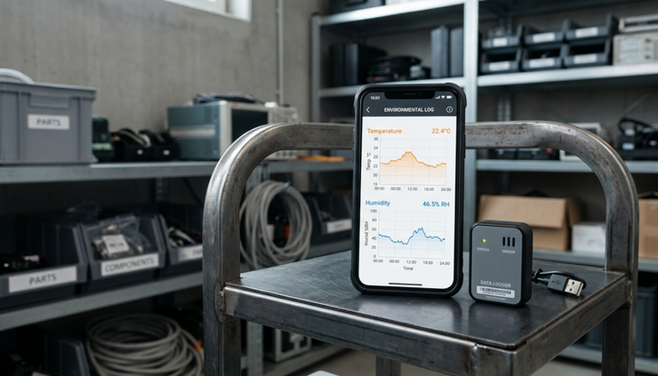 Eye-level view of a phone showing environmental charts beside a Bluetooth data logger