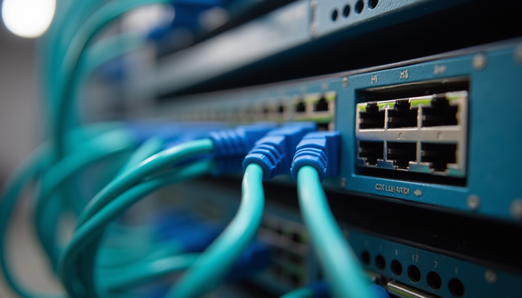 Eye-level view of Ethernet/IP expansion module mounted on DIN-rail inside industrial control cabinet
