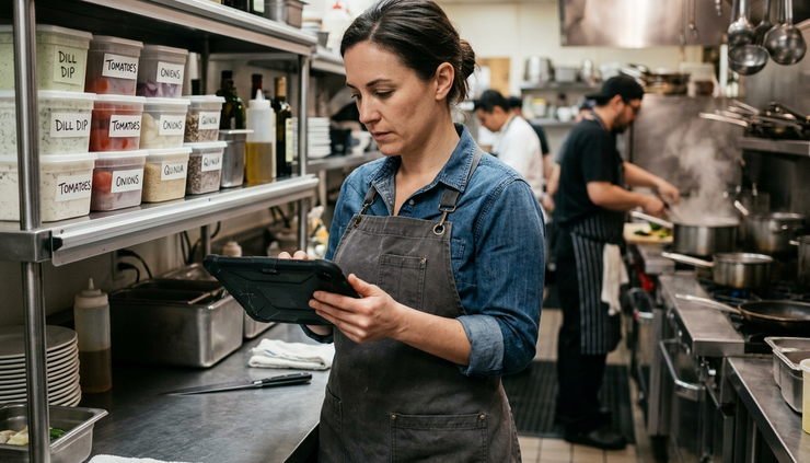 Eye-level view of a chef checking a tablet beside labelled prep containers.