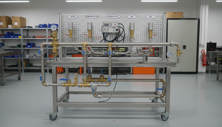 Wide-angle view of pressure transmitters fitted to water, air, oil, and gas test lines.