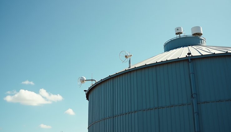 Eye-level view of a water storage tank with telemetry sensors installed on top