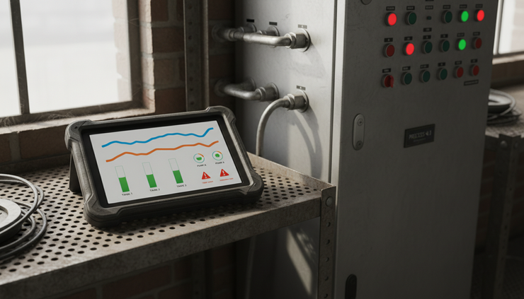 Eye-level view of a rugged tablet showing industrial monitoring dashboards beside a control cabinet.