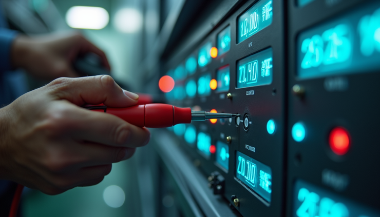 Eye-level view of inverter output terminals with voltage measurement equipment