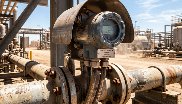 Close-up view of a transmitter housing on a gas flow meter exposed to direct sunlight