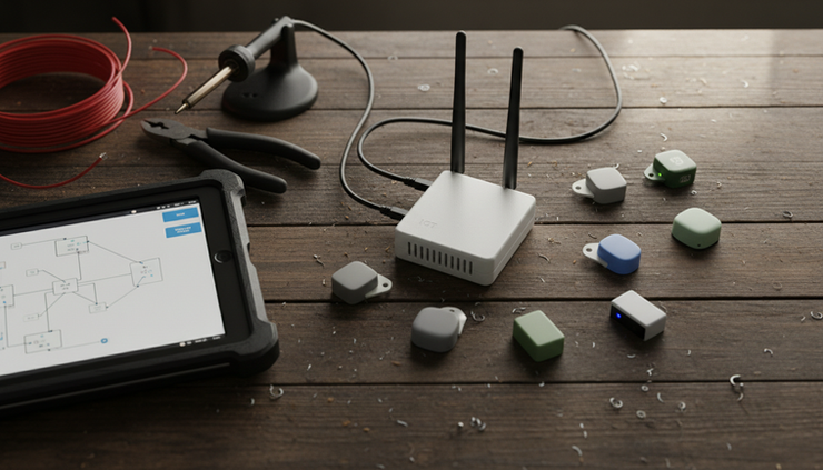 Overhead view of several wireless sensors arranged beside a rugged tablet on a workbench