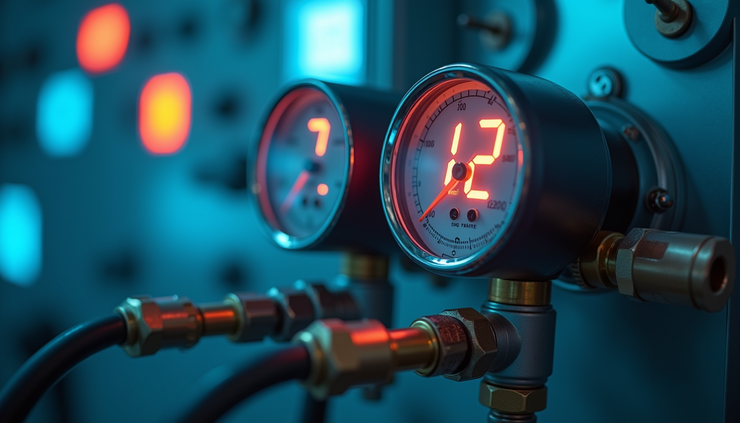 Close-up view of a digital refrigerant manifold gauge set displaying pressure readings