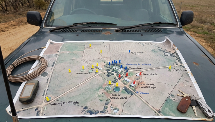 Overhead view of a printed property map with marked sensor points and gateway options.