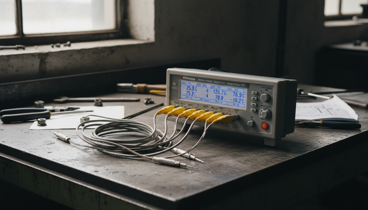Close-up view of a multi-channel temperature logger connected to several K-type thermocouple probes.