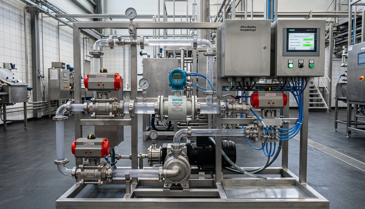 Wide-angle view of a stainless steel liquid transfer skid with pipes, valves and a control panel