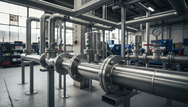 Wide-angle view of an industrial pipe run with an inline flow meter installed between flanges