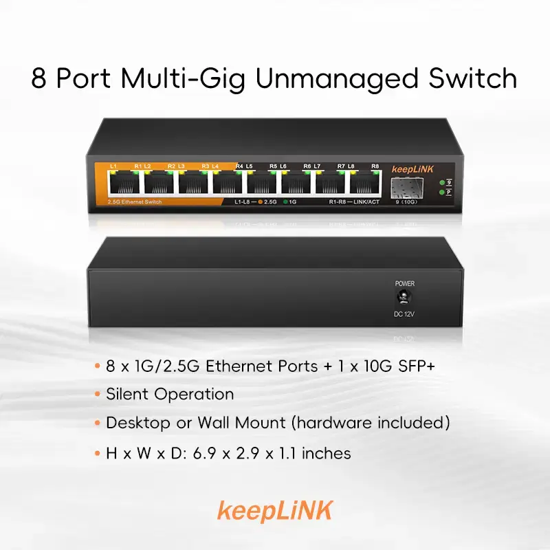 9-Port Multi-Gigabit Unmanaged Ethernet Switch with 8 × 2.5Gb Ports and 1 × 10Gb