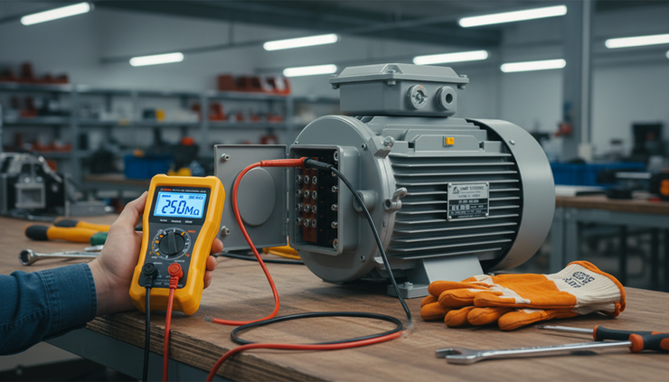 Eye-level view of a handheld insulation resistance tester connected to a motor terminal box