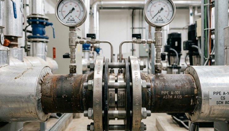 Close-up view of an orifice plate flow section with pressure taps on a pipe.