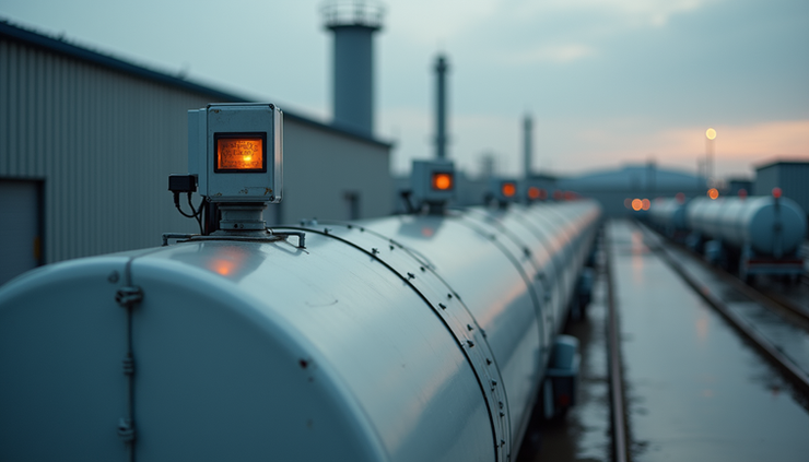 Eye-level view of a fuel storage tank equipped with ultrasonic sensors and monitoring devices