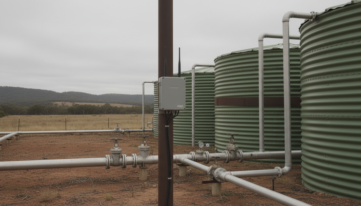Eye-level view of a LoRaWAN gateway mounted on a pole near remote industrial tanks.