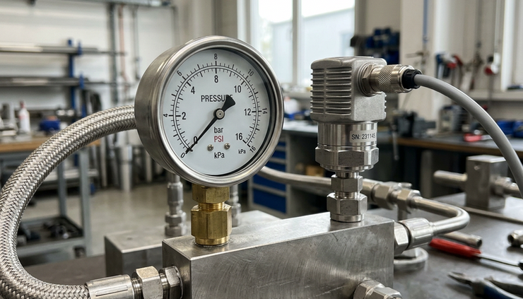 Close-up view of an analogue pressure gauge beside a compact pressure transmitter
