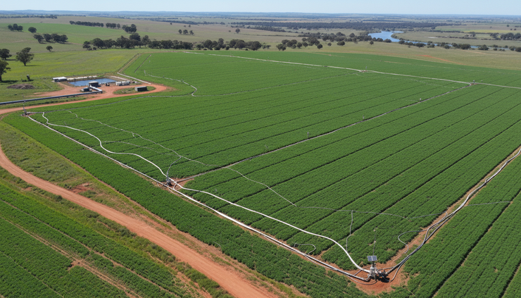 Overhead view of irrigation lines running through a green Australian crop field