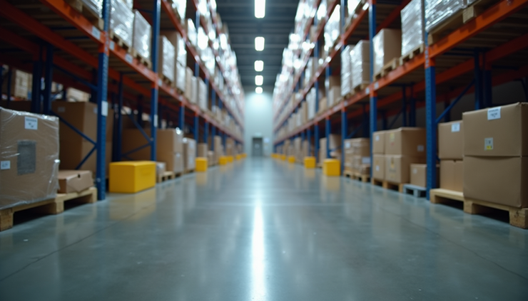 Eye-level view of a warehouse aisle with IoT sensors mounted on storage racks