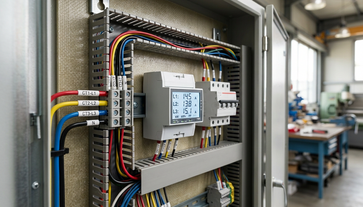 Eye-level view of a DIN rail meter display showing phase current readings inside an open panel.